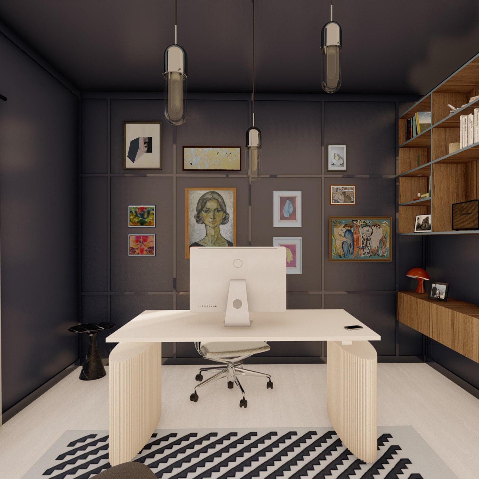 Modern office interior with a white desk, chair, and shelves.