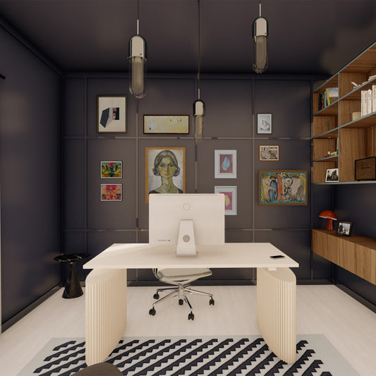 Modern office interior with a white desk, chair, and shelves.